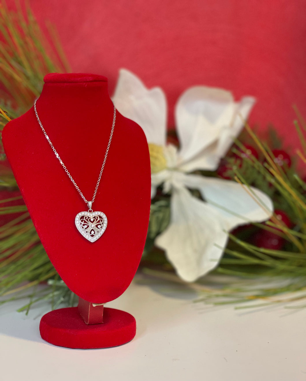 Sterling Silver CZ Heart Pendant with Chain