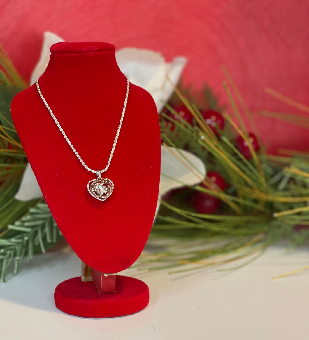 Sterling Silver Rhod-Plated And Rose-Tone Heart With Vibrant CZ Pendant with Chain