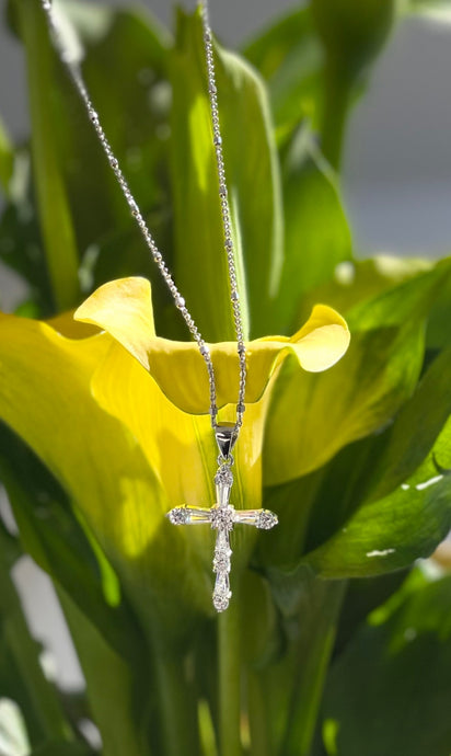 Sterling Silver Rhodium-Plated CZ Cross Pendant with Chain