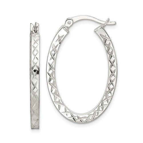 Sterling Silver Diamond Cut with X Pattern Hoop Earrings